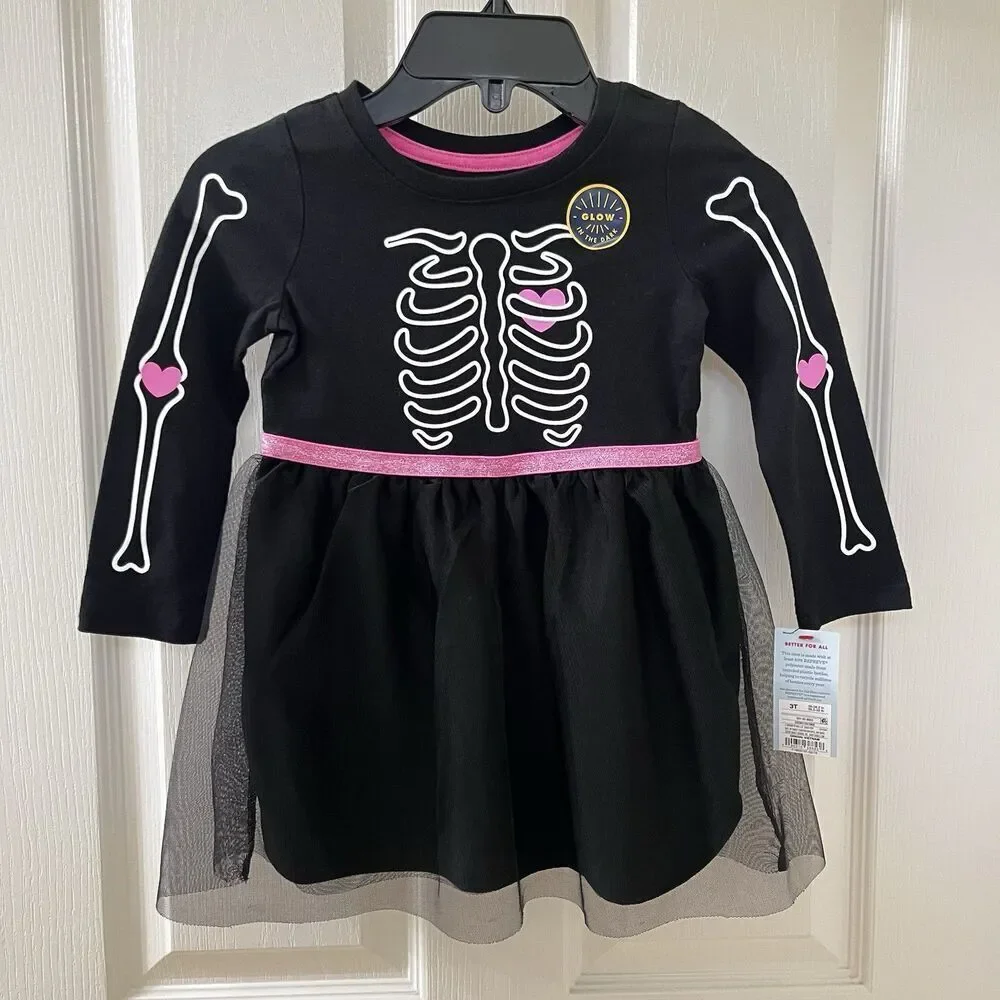 Cat & Jack Black Skeleton Halloween Tulle Dress Glows In The Dark Girls 3T NWT